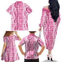 Hawaiian Ohia Lehua Lei Family Matching Off The Shoulder Long Sleeve Dress and Hawaiian Shirt Plaid Palaka Akala Pattern - Polynesian Pride