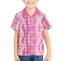 Hawaiian Ohia Lehua Lei Family Matching Off The Shoulder Long Sleeve Dress and Hawaiian Shirt Plaid Palaka Akala Pattern - Polynesian Pride