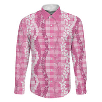 Hawaiian Ohia Lehua Lei Family Matching Off Shoulder Short Dress and Hawaiian Shirt Plaid Palaka Akala Pattern LT9 Dad's Shirt - Long Sleeve Pink - Polynesian Pride