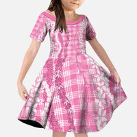 Hawaiian Ohia Lehua Lei Kid Short Sleeve Dress Plaid Palaka Akala Pattern LT9 KID Pink - Polynesian Pride