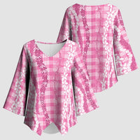 Hawaiian Ohia Lehua Lei Kimono Sleeve Blouse Plaid Palaka Akala Pattern - Polynesian Pride
