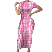 Hawaiian Ohia Lehua Lei Short Sleeve Bodycon Dress Plaid Palaka Akala Pattern LT9 Long Dress Pink - Polynesian Pride
