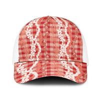Hawaiian Ohia Lehua Lei Baseball Net Cap Plaid Palaka Ulaula Pattern LT9 One Size White Red - Polynesian Pride