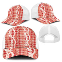Hawaiian Ohia Lehua Lei Baseball Net Cap Plaid Palaka Ulaula Pattern - Polynesian Pride