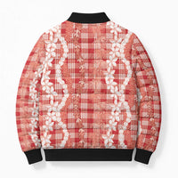 Hawaiian Ohia Lehua Lei Bomber Puffer Jacket Plaid Palaka Ulaula Pattern - Polynesian Pride
