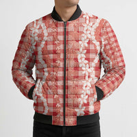 Hawaiian Ohia Lehua Lei Bomber Puffer Jacket Plaid Palaka Ulaula Pattern - Polynesian Pride