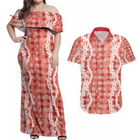 Hawaiian Ohia Lehua Lei Couples Matching Off Shoulder Maxi Dress and Hawaiian Shirt Plaid Palaka Ulaula Pattern - Polynesian Pride