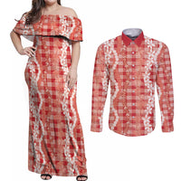 Hawaiian Ohia Lehua Lei Couples Matching Off Shoulder Maxi Dress and Long Sleeve Button Shirt Plaid Palaka Ulaula Pattern - Polynesian Pride