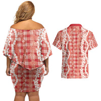 Hawaiian Ohia Lehua Lei Couples Matching Off Shoulder Short Dress and Hawaiian Shirt Plaid Palaka Ulaula Pattern - Polynesian Pride