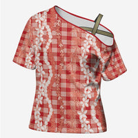 Hawaiian Ohia Lehua Lei Cross Shoulder Shirt Plaid Palaka Ulaula Pattern - Polynesian Pride