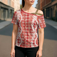 Hawaiian Ohia Lehua Lei Cross Shoulder Shirt Plaid Palaka Ulaula Pattern - Polynesian Pride