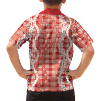 Hawaiian Ohia Lehua Lei Family Matching Off The Shoulder Long Sleeve Dress and Hawaiian Shirt Plaid Palaka Ulaula Pattern LT9 - Polynesian Pride