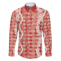 Hawaiian Ohia Lehua Lei Family Matching Off The Shoulder Long Sleeve Dress and Hawaiian Shirt Plaid Palaka Ulaula Pattern LT9 Dad's Shirt - Long Sleeve Red - Polynesian Pride