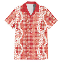 Hawaiian Ohia Lehua Lei Family Matching Off Shoulder Short Dress and Hawaiian Shirt Plaid Palaka Ulaula Pattern LT9 Dad's Shirt - Short Sleeve Red - Polynesian Pride