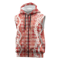 Hawaiian Ohia Lehua Lei Sleeveless Zip Hoodie Plaid Palaka Ulaula Pattern LT9 Red - Polynesian Pride