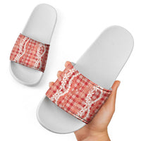 Hawaiian Ohia Lehua Lei Slide Sandals Plaid Palaka Ulaula Pattern - Polynesian Pride