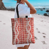 Hawaiian Ohia Lehua Lei Tote Bag Plaid Palaka Ulaula Pattern - Polynesian Pride