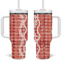Hawaiian Ohia Lehua Lei Tumbler With Handle Plaid Palaka Ulaula Pattern - Polynesian Pride