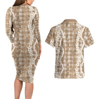Hawaiian Ohia Lehua Lei Couples Matching Long Sleeve Bodycon Dress and Hawaiian Shirt Plaid Palaka Kalaihaahaa Pattern - Polynesian Pride