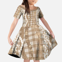 Hawaiian Ohia Lehua Lei Family Matching Mermaid Dress and Hawaiian Shirt Plaid Palaka Kalaihaahaa Pattern LT9 Daughter's Dress Tan - Polynesian Pride