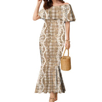 Hawaiian Ohia Lehua Lei Family Matching Mermaid Dress and Hawaiian Shirt Plaid Palaka Kalaihaahaa Pattern LT9 Tan - Polynesian Pride