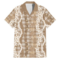 Hawaiian Ohia Lehua Lei Family Matching Off Shoulder Short Dress and Hawaiian Shirt Plaid Palaka Kalaihaahaa Pattern LT9 Dad's Shirt - Short Sleeve Tan - Polynesian Pride