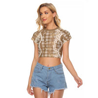 Hawaiian Ohia Lehua Lei Raglan Cropped T Shirt Plaid Palaka Kalaihaahaa Pattern LT9 Female Tan - Polynesian Pride