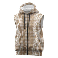 Hawaiian Ohia Lehua Lei Sleeveless Zip Hoodie Plaid Palaka Kalaihaahaa Pattern LT9 Tan - Polynesian Pride