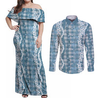 Hawaiian Ohia Lehua Lei Couples Matching Off Shoulder Maxi Dress and Long Sleeve Button Shirt Plaid Palaka Uliuli Omaomao Pattern - Polynesian Pride