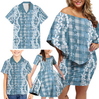 Hawaiian Ohia Lehua Lei Family Matching Off Shoulder Short Dress and Hawaiian Shirt Plaid Palaka Uliuli Omaomao Pattern - Polynesian Pride