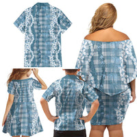 Hawaiian Ohia Lehua Lei Family Matching Off Shoulder Short Dress and Hawaiian Shirt Plaid Palaka Uliuli Omaomao Pattern - Polynesian Pride