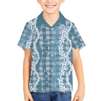 Hawaiian Ohia Lehua Lei Family Matching Off Shoulder Short Dress and Hawaiian Shirt Plaid Palaka Uliuli Omaomao Pattern - Polynesian Pride