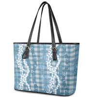 Hawaiian Ohia Lehua Lei Leather Tote Bag Plaid Palaka Uliuli Omaomao Pattern - Polynesian Pride