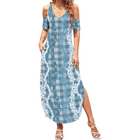 Hawaiian Ohia Lehua Lei Summer Maxi Dress Plaid Palaka Uliuli Omaomao Pattern LT9 Women Teal - Polynesian Pride