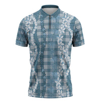 Hawaiian Ohia Lehua Lei Zipper Polo Shirt Plaid Palaka Uliuli Omaomao Pattern LT9 Teal - Polynesian Pride