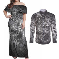 Aotearoa Maori Hei Tiki Couples Matching Off Shoulder Maxi Dress and Long Sleeve Button Shirt Kiwikiwi Kowhaiwhai Puhoro Motif