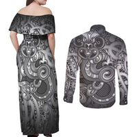 Aotearoa Maori Hei Tiki Couples Matching Off Shoulder Maxi Dress and Long Sleeve Button Shirt Kiwikiwi Kowhaiwhai Puhoro Motif