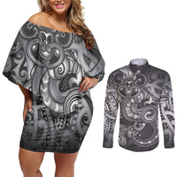 Aotearoa Maori Hei Tiki Couples Matching Off Shoulder Short Dress and Long Sleeve Button Shirt Kiwikiwi Kowhaiwhai Puhoro Motif