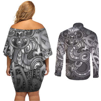 Aotearoa Maori Hei Tiki Couples Matching Off Shoulder Short Dress and Long Sleeve Button Shirt Kiwikiwi Kowhaiwhai Puhoro Motif