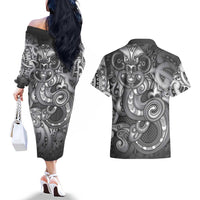 Aotearoa Maori Hei Tiki Couples Matching Off The Shoulder Long Sleeve Dress and Hawaiian Shirt Kiwikiwi Kowhaiwhai Puhoro Motif