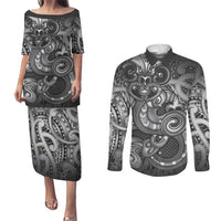 Aotearoa Maori Hei Tiki Couples Matching Puletasi and Long Sleeve Button Shirt Kiwikiwi Kowhaiwhai Puhoro Motif