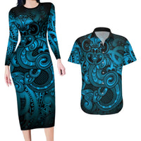 Aotearoa Maori Hei Tiki Couples Matching Long Sleeve Bodycon Dress and Hawaiian Shirt Kikorangi Kowhaiwhai Puhoro Motif