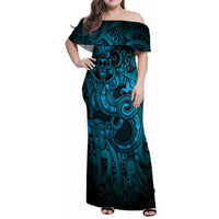 Aotearoa Maori Hei Tiki Family Matching Off Shoulder Maxi Dress and Hawaiian Shirt Kikorangi Kowhaiwhai Puhoro Motif