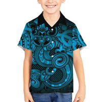 Aotearoa Maori Hei Tiki Family Matching Off Shoulder Maxi Dress and Hawaiian Shirt Kikorangi Kowhaiwhai Puhoro Motif