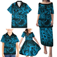 Aotearoa Maori Hei Tiki Family Matching Puletasi and Hawaiian Shirt Kikorangi Kowhaiwhai Puhoro Motif