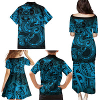 Aotearoa Maori Hei Tiki Family Matching Puletasi and Hawaiian Shirt Kikorangi Kowhaiwhai Puhoro Motif