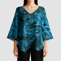 Aotearoa Maori Hei Tiki Kimono Sleeve Blouse Kikorangi Kowhaiwhai Puhoro Motif
