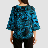 Aotearoa Maori Hei Tiki Kimono Sleeve Blouse Kikorangi Kowhaiwhai Puhoro Motif
