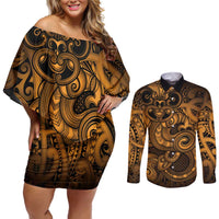 Aotearoa Maori Hei Tiki Couples Matching Off Shoulder Short Dress and Long Sleeve Button Shirt Koura Kowhaiwhai Puhoro Motif