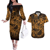 Aotearoa Maori Hei Tiki Couples Matching Off The Shoulder Long Sleeve Dress and Hawaiian Shirt Koura Kowhaiwhai Puhoro Motif